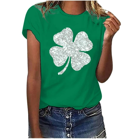POTETI St Patricks Day Shirts Womens Clover Short Sleeve Crew Neck T-shirts Tops