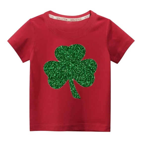 POTETI St Patricks Day Shirts for Girls Clover Cotton Short Sleeve Crew Neck Shirt Tops,3-10 Years