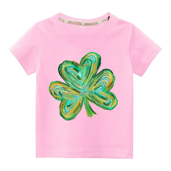 POTETI St Patricks Day Shirts for Girls Lucky Clover Cotton Short Sleeve Crew Neck Shirt Tops,3-10 Years