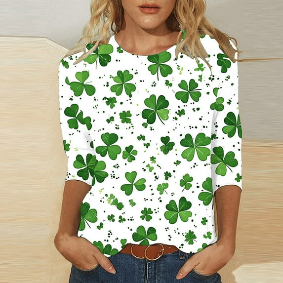 POTETI St Patricks Day Womens Clover 3/4 Sleeve Crew Neck Shirt Tops