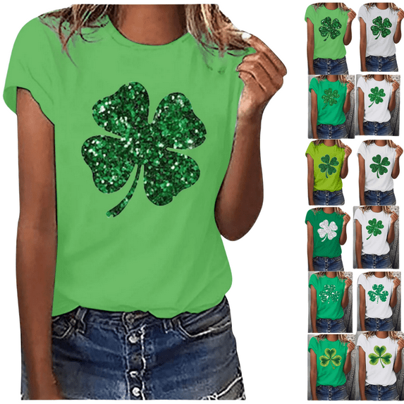 POTETI St Pattys Day Shirts for Women Short Sleeve,Juniors Crew Neck Ireland Clover Print Shirt Tops