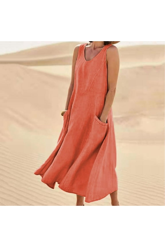 Summer Dresses for Women Orange Plus Size Dresses Summer V Neck Casual Solid Color Sleeveless Cotton Linen Long Dress Sun Dresses