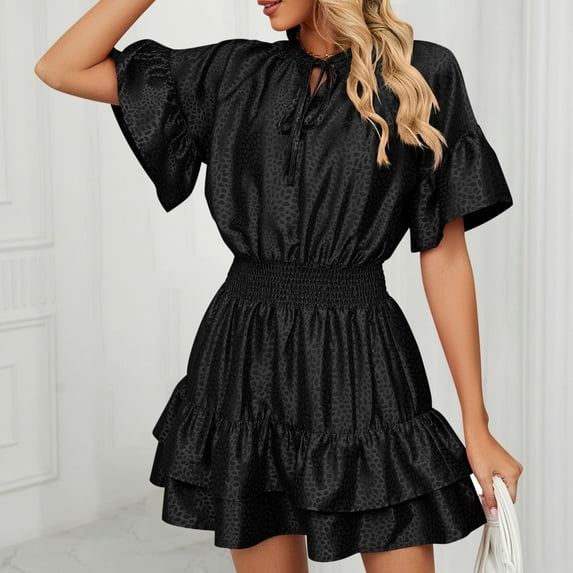 POTETI Summer Dresses for Women Black Sun Dress Solid Color Comfortable Loose Short Sleeve Casual Cut-out Lace Dress Sundress with Pockets