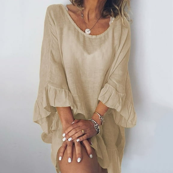 POTETI Summer Dresses for Women Khaki Vintage Dress for Women Solid Color Crew Neck Ruffle Three-quarter Sleeve Blouse Dress Juniors Sundress