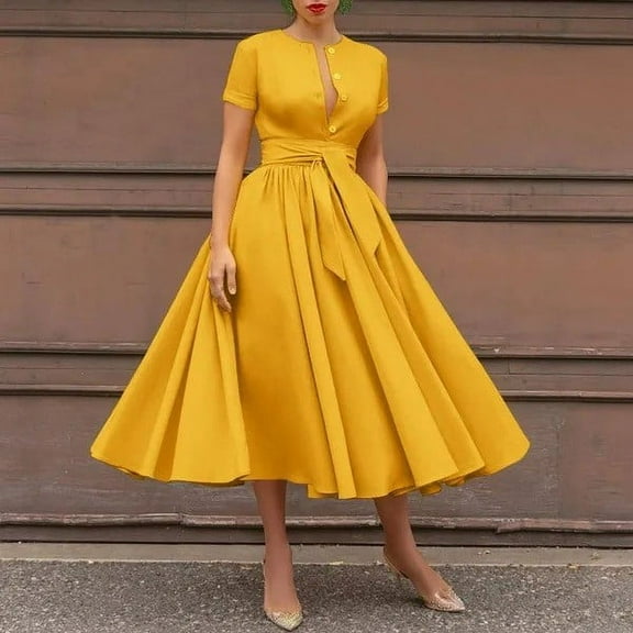 POTETI Summer Dresses for Women Plus Size Yellow Maxi Dresses Summer Crew Neck Solid Color Wrinkle Dress Long Sundresses