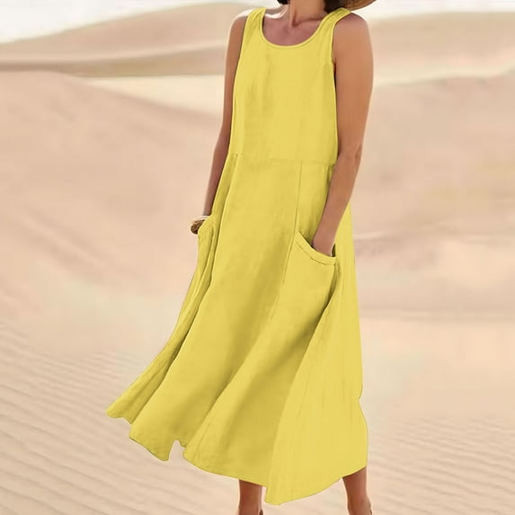 POTETI Summer Dresses for Women Sleeveless Midi Sundresses Cotton Linen Long Tank Dresses