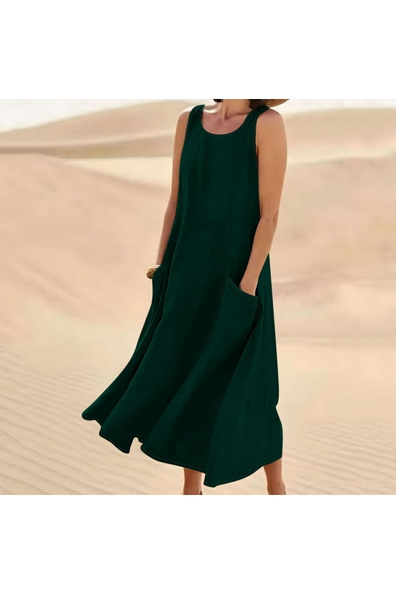 Summer Plus Size Womens Dresses Sleeveless Midi Sundresses Long Cotton Linen Tank Dresses