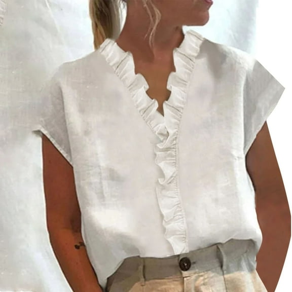 POTETI Summer Shirts for Women Cotton and Linen Womens T shirts High Neck Short Sleeve Blouse