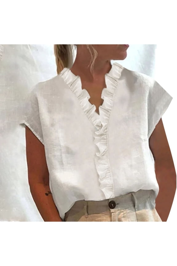 Summer Tops for Women Cotton Linen Womens Shirts High Neck Short Sleeve Shirts