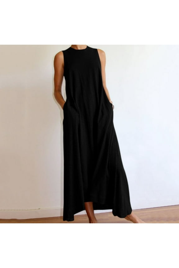 Sun Dresses for Women Casual Black Plus Size Dresses Summer Sleeveless Casual Crew Neck Dresses Solid Color Dress Women's Sundresses Under $10