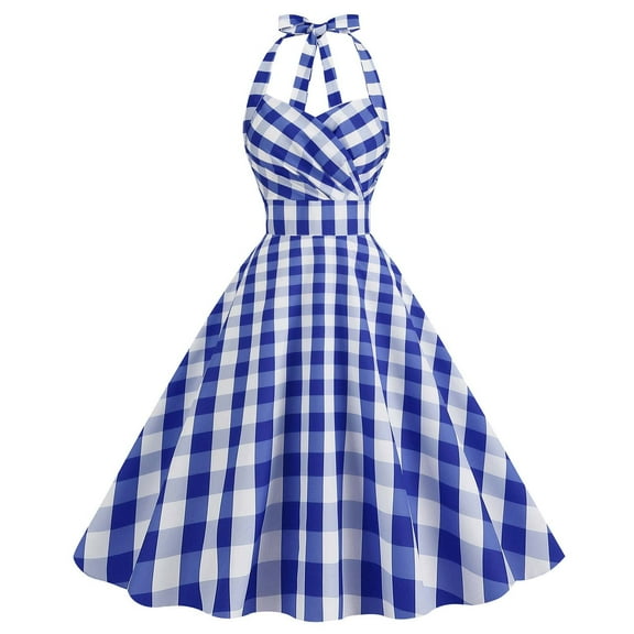 POTETI Sun Dresses for Women Casual Blue Floral Dress V-Neck Sleeveless Dress Checkered Print Hanging Neck Dress Plus Sundress