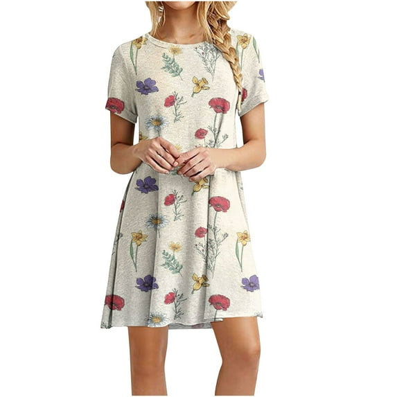 POTETI Sundresses for Plus Size Women Beige Floral Dress Casual Color-Blocking Printed Short-Sleeved Crew-Neck Dress Sundresses