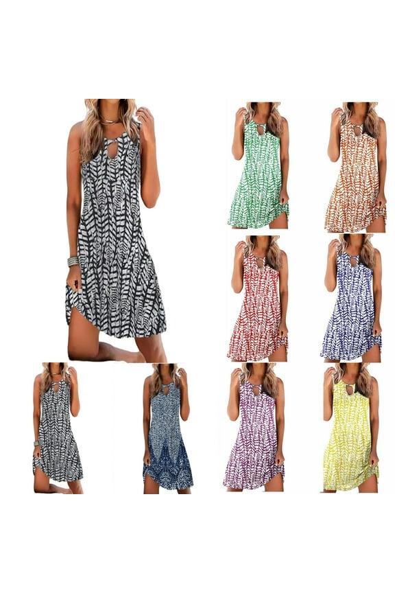 Sundresses for Women Black Summer Dresses Casual Crew Neck Printing Dresses Summer Sleeveless Pullover Dress Junior Sundress
