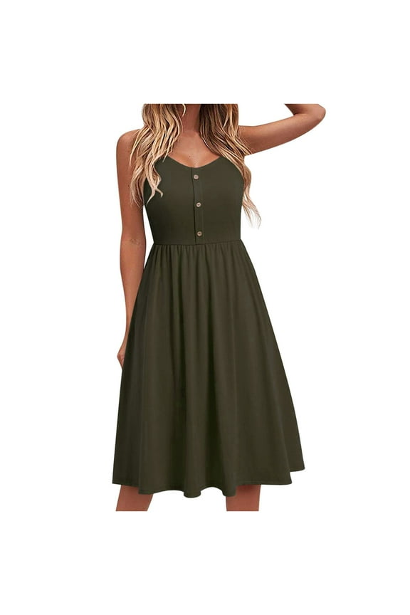 Sundresses for Women Casual Beach Casual Dresses Button Summer Seaside Sling Sleeveless V-Neck Solid Color Casual Dress Plus Size Sundress