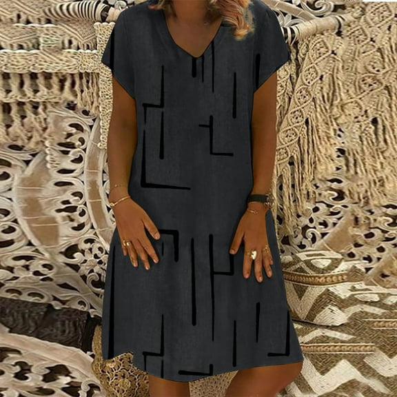 POTETI Sundresses for Women Casual Beach Gray Mini Dresses for Women Casual Loose Stripe Patchwork V-Neck Short Sleeves Dress Plus Size Sundress