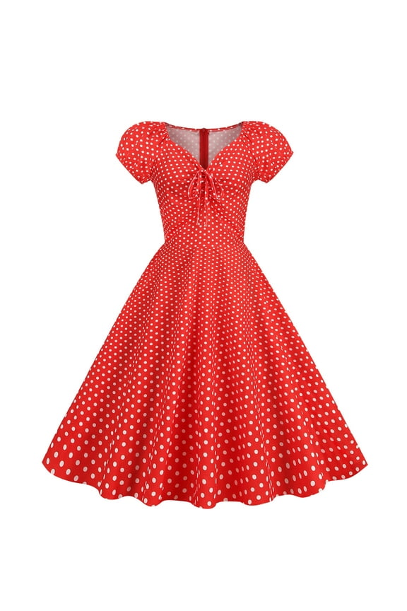 Sundresses for Women Red Dress Sleeve Print Short Sleeve V-Neck Bandage Retro Mini Dress Bohemian Dress