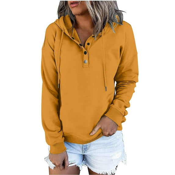 POTETI Sweatshirts for Women Plus Size Hooded Lightweight Hoodies for Women Fall Warm Long Sleeve Button Solid Color Loose Fit Pullover Tops,Yellow XXL