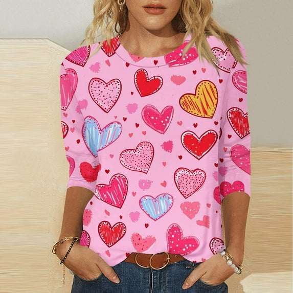 POTETI Valentine Day Shirts Women Romance 3/4 Sleeve Shirts Casual Crew Neck Love Print Gift for Wife Tops