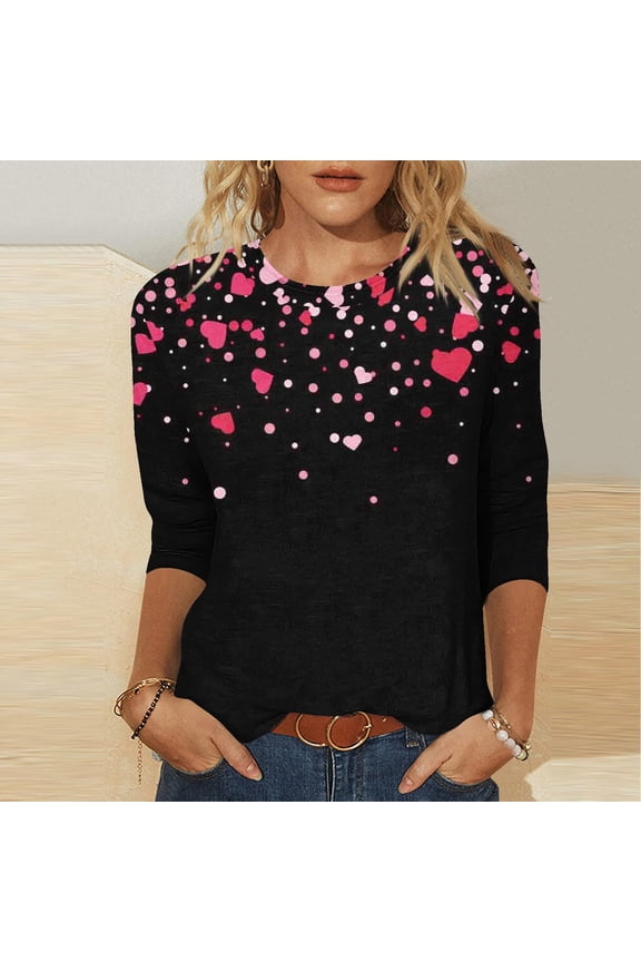 Valentine Tees Romance 3/4 Sleeve Tops Casual Crew Neck Heart Print Gift for Lovers Tops