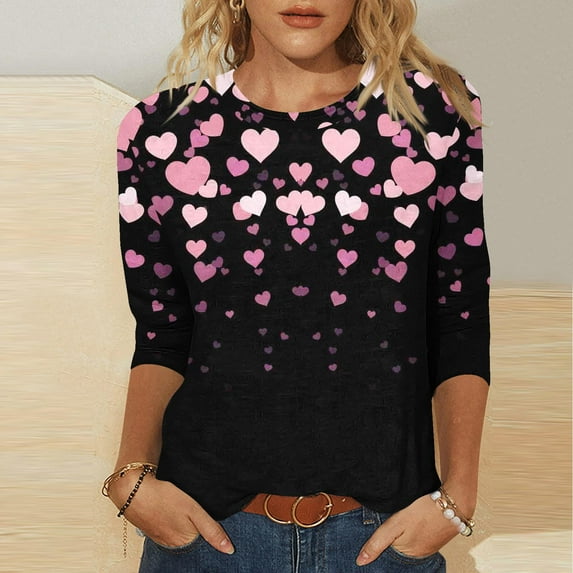 POTETI Valentine's Day Shirt for Women Romance 3/4 Sleeve T-Shirts Casual Crew Neck Sweet Print Gift for Girlfriend Tops