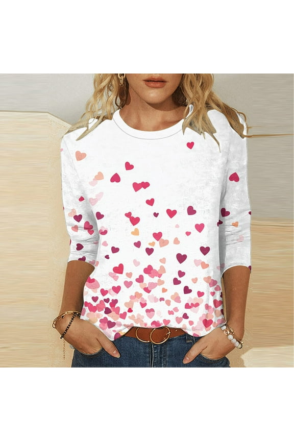 Valentines Day Clothes Women Romantic Three-Quarter Sleeve T-Shirts Casual Round Neck Sweet Graphic Gift for Girlfriend Tops