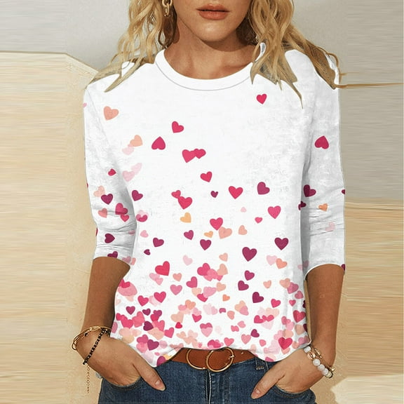 POTETI Valentines Day Clothes Women Romantic Three-Quarter Sleeve T-Shirts Casual Round Neck Sweet Graphic Gift for Girlfriend Tops