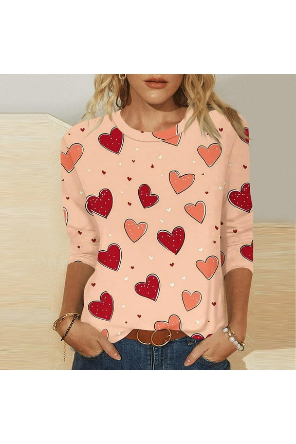Valentines Day Shirts Womens Plus Size Romance 3/4 Sleeve Shirts Casual Crew Neck Sweethearts Print Gift for Wife Tops