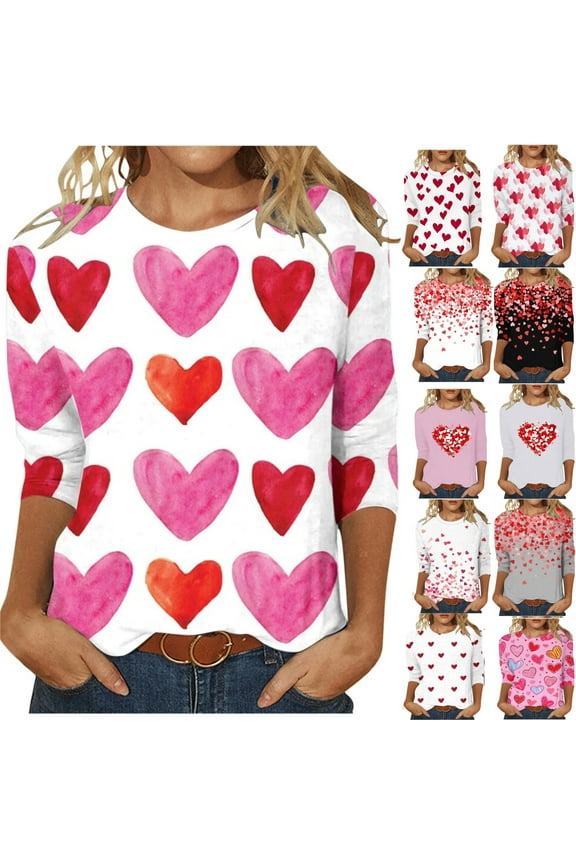 Valentines Top Women Tee Shirts for Women,Ladies Short Sleeve Pink Tshirts Crew Neck Heart Print Casual Tops