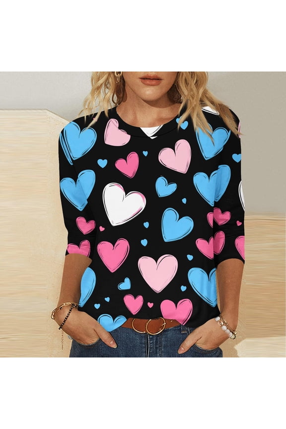 Valentines Women Shirts Romance 3/4 Sleeve Shirts Casual Crew Neck Heart Print Gift for Wife Tops