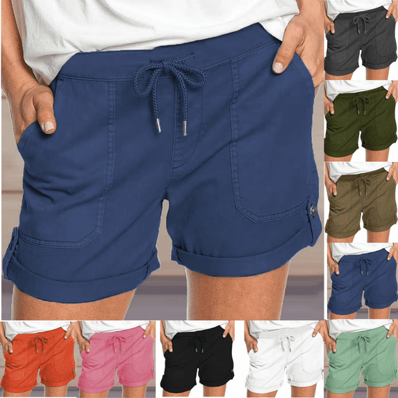 POTETI Wide Leg Womens Cargo Shorts High Waisted Womens Shorts Plus Size Blue with Pockets Casual Drawstring Solid Shorts