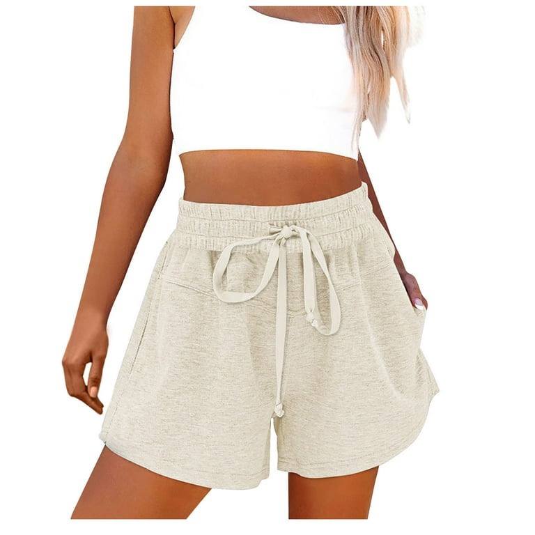 POTETI Wide Leg Womens Running Shorts High Waisted Shorts for Women Beige Solid Flat Front Casual with Pockets Drawstring Shorts