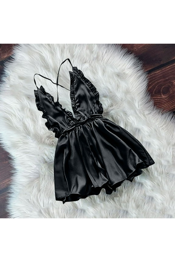 Woman Black Lace Satin Silk Pajama Hollow Out Nightdress