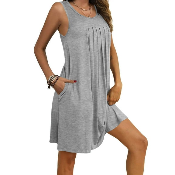 POTETI Women Nightgown Sleeveless with Pockets Crew Neck Pleated Front Knee Length Nightgown for Women Sleepwear