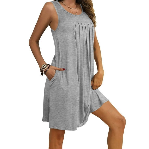 POTETI Women Nightgown Sleeveless with Pockets Crew Neck Pleated Front Knee Length Nightgown for Women Sleepwear