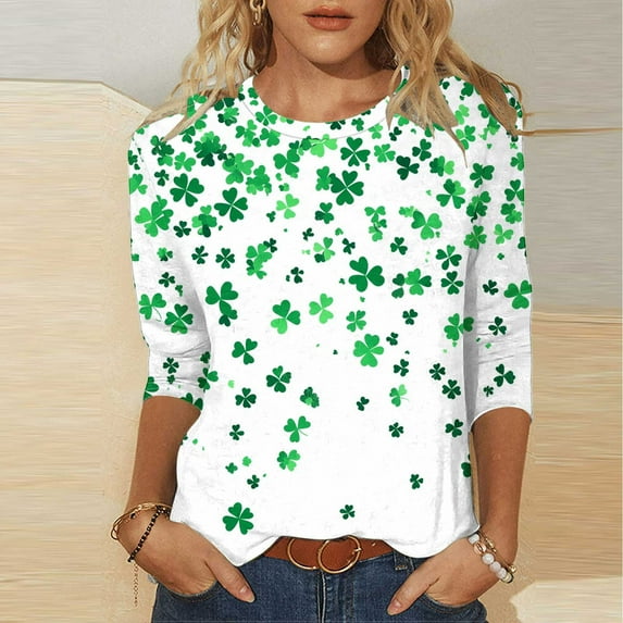 POTETI Women St Patricks Day Clothes Clover 3/4 Sleeve Crew Neck Shirt Tops