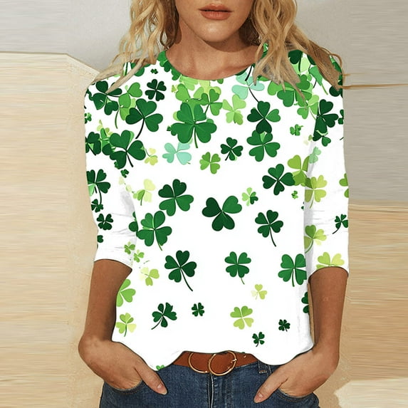 POTETI Women St Patricks Day Clothes Clover 3/4 Sleeve Crew Neck Shirt Tops