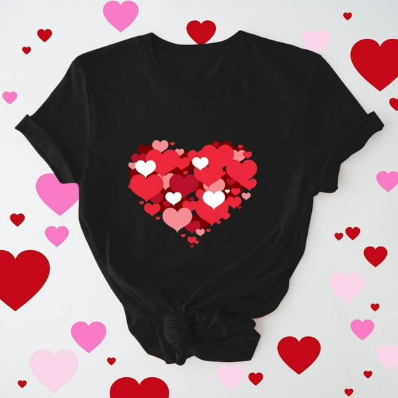 POTETI Women Valentines Womens T Shirts Long Sleeve,Women's Valentine's Day Gifts for Wife Black Short Sleeve Blouse Casual Sweetheart Print Crew Neck Tops