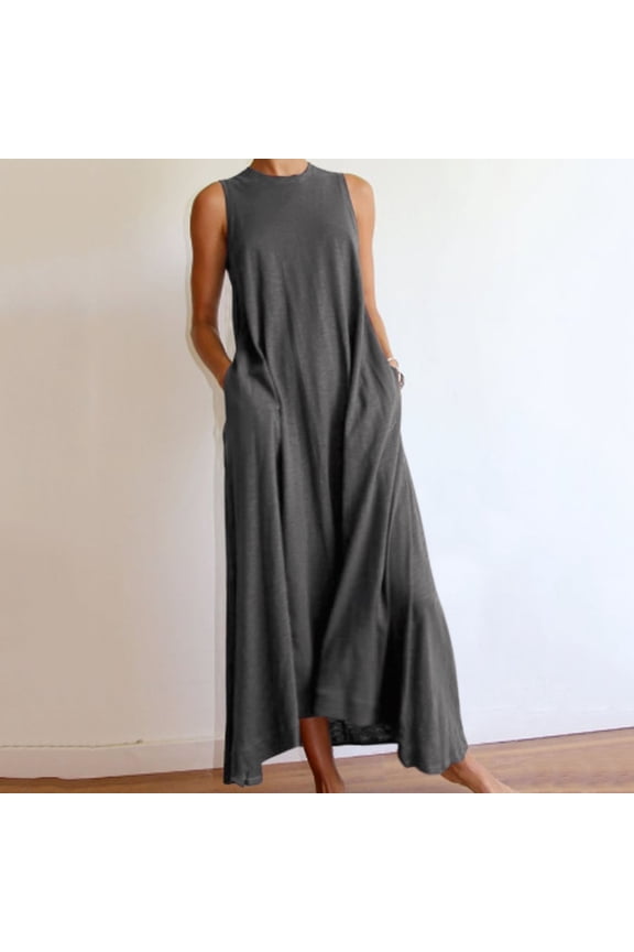 Women's Casual Dresses Gray Casual Dresses Summer Sleeveless Casual Crew Neck Dresses Solid Color Dress Boho Mini Dress