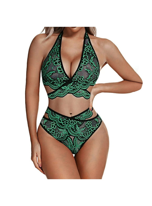 POTETI Women's Intimate Apparel Green See-Through Strappy Sleepwear Hollow Out Print Bras and Panties
