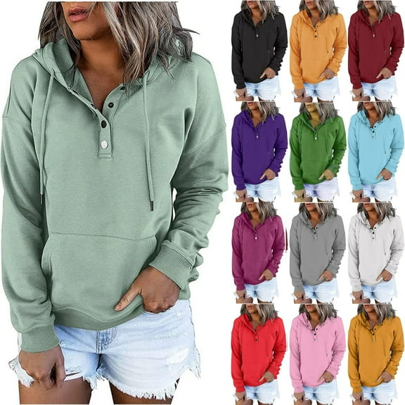 POTETI Women's Plus Size Hoodies Casual Long Sleeve Button Sweatshirts Solid Pullover Tops
