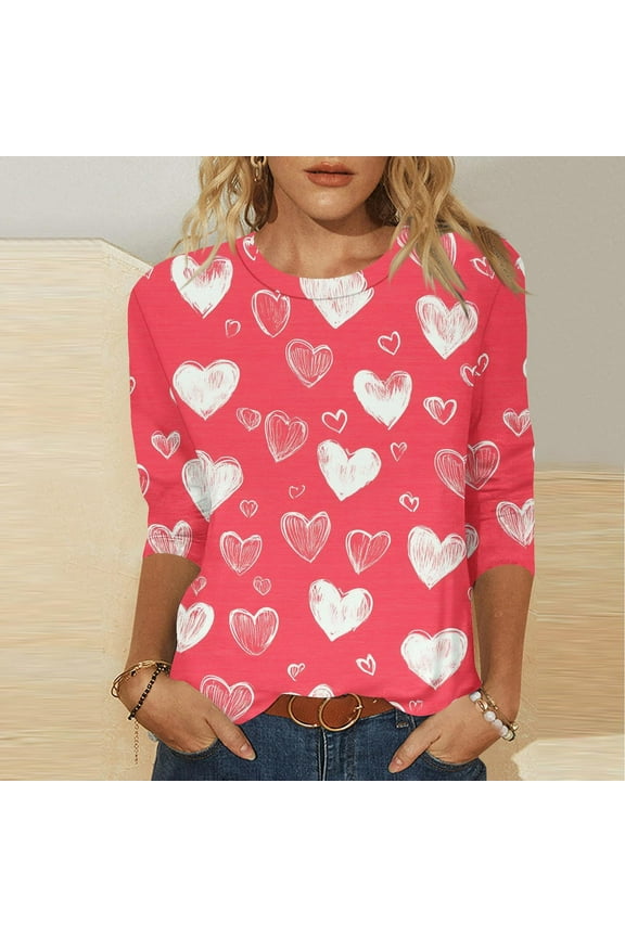 Women’s Valentine Tops Romantic Three-Quarter Sleeve Tops Casual Round Neck Sweethearts Graphic Gift for Lovers Tops