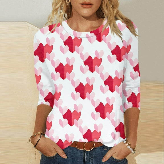 POTETI Women’s Valentine’s Day Clothes Romantic Three-Quarter Sleeve Tops Casual Round Neck Sweet Graphic Gift for Lovers Tops