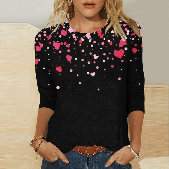 POTETI Women’s Valentine’s Day Clothes Romantic Three-Quarter Sleeve Tops Casual Round Neck Sweet Graphic Gift for Lovers Tops