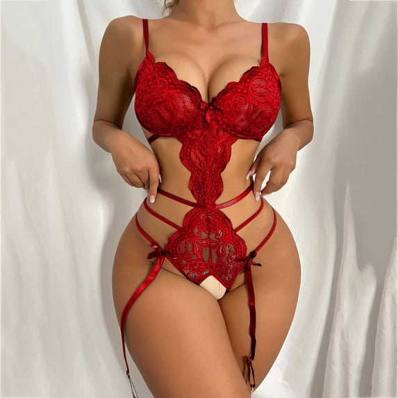 POTETI Women's Valentine's Day Crotchless Lace Underwear for Women Babydoll Jumpsuit Bodysuit Sleepwear