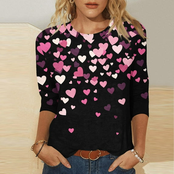 POTETI Women’s Valentines Shirts Romance 3/4 Sleeve Tops Casual Crew Neck Love Print Gift for Lovers Tops