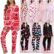 POTETI Womens Button Down Pajamas Valentine's Day Womens Pajama Sets Notch Collar Heart Print Pajama Tops with Pocket and Pants