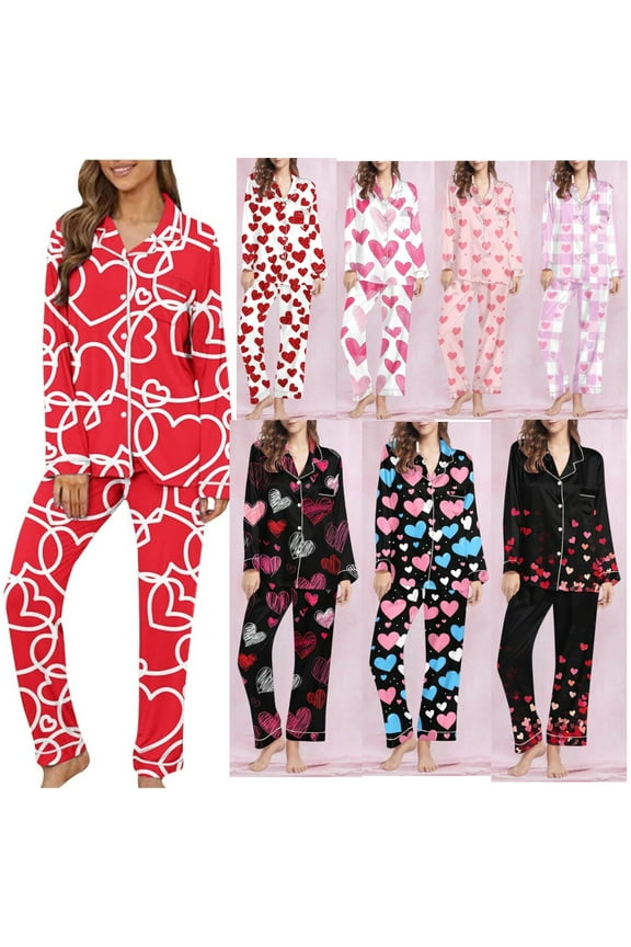 Womens Button Down Pajamas Valentine's Day Womens Pajama Sets Notch Collar Heart Print Pajama Tops with Pocket and Pants