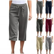 POTETI Womens Capris Capris High Waisted Women Summer Shorts Dark Gray Casual Cotton Blend Straight Bandage Cropped Solid Shorts