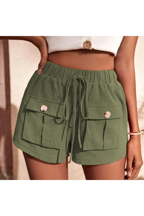 Womens Cargo Shorts Flat Front Mid Rise Womens Plus Size Shorts Army Green with Pockets Casual Drawstring Solid Shorts