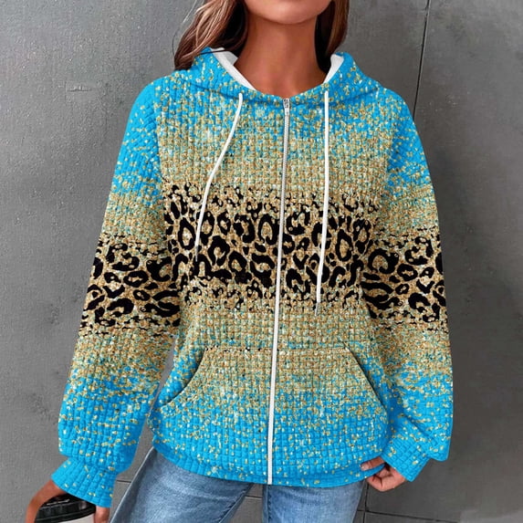 POTETI Womens Casual Hoodies Long Sleeve Zipper Hooded Sweatshirts Waffle Knit Leopard Pullover Tops